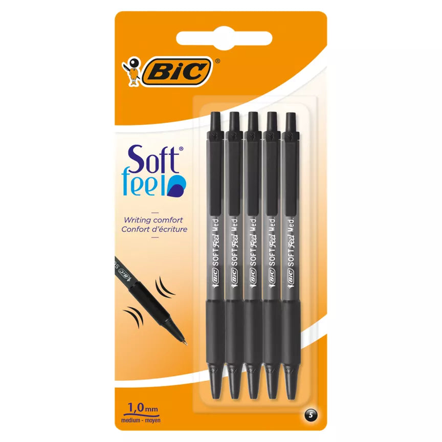 BIC Soft Feel Ballpoint Pens, Retractable Pens, Black, Pack of 5