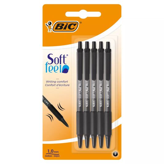 BIC Soft Feel Ballpoint Pens, Retractable Pens, Black, Pack of 5