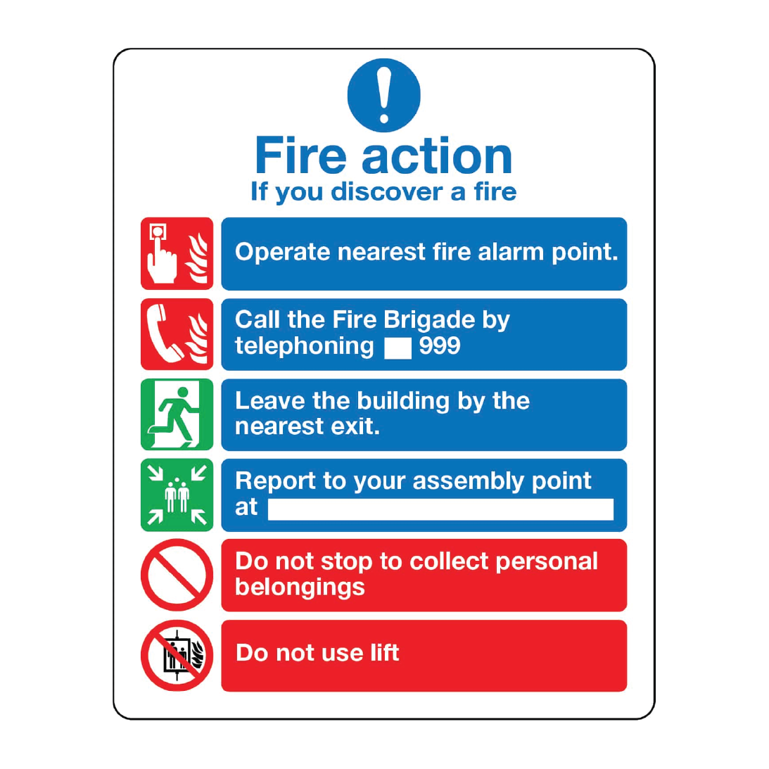 Fire Action Notice incorporating graphic symbols from BS 5499 (with lifts)