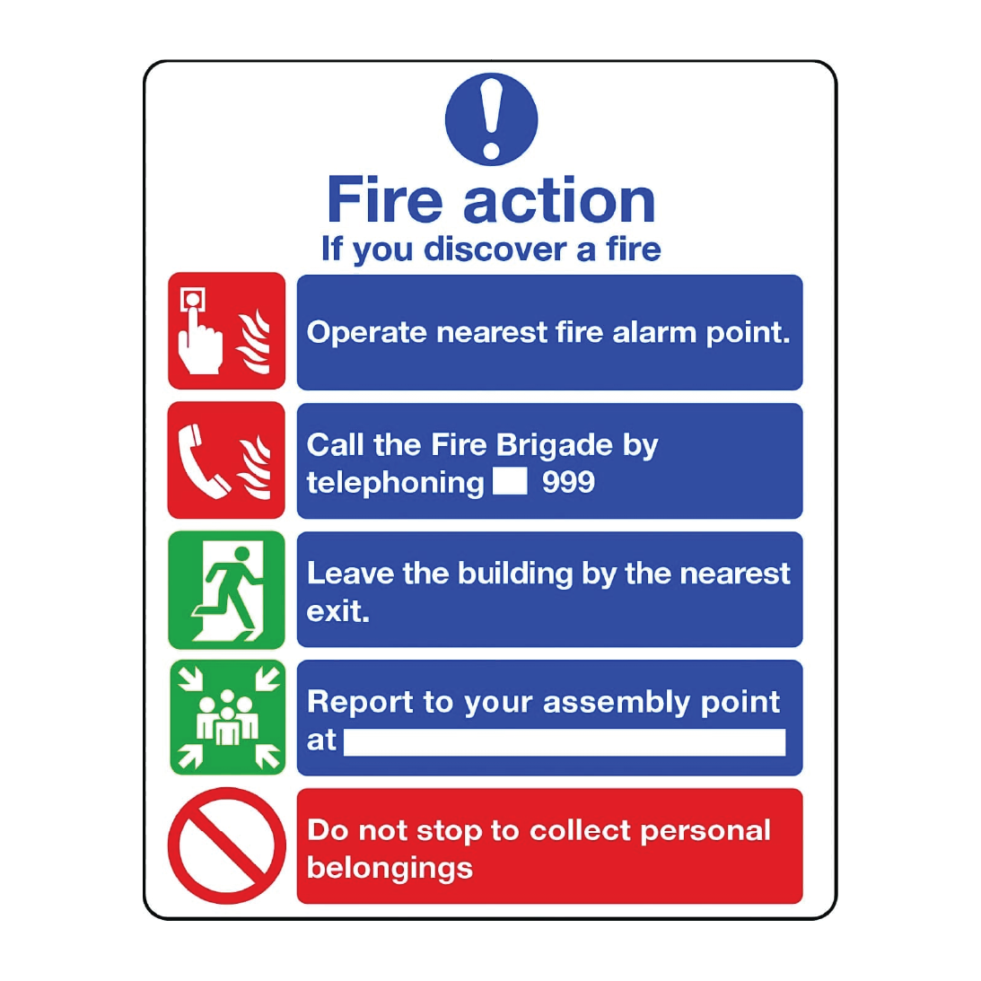 Fire action notice incorporating graphic symbols from BS 5499 (without lifts)