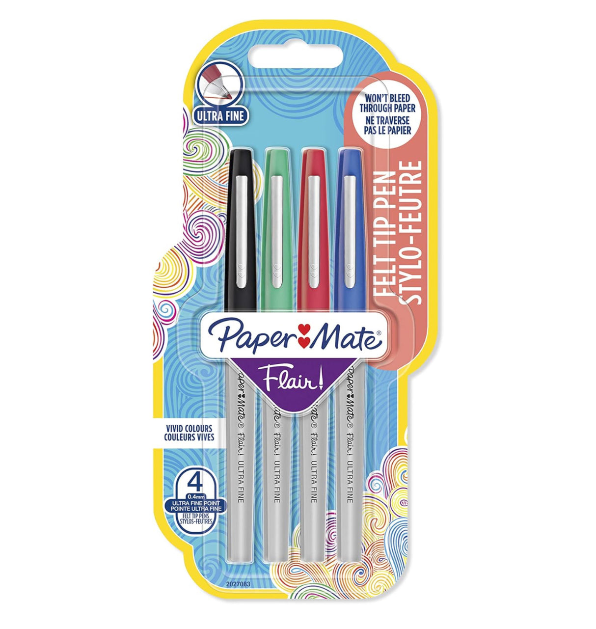 Papermate flair ultrafine felt tip black blue red green assorted colours 4 pens set