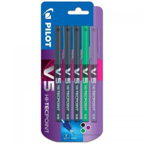 Pilot V5 Hi-Tecpoint Liquid Ink Rollerball Pen 0.5mm Tip 0.3mm Line 3 x Black/1 x Green/1 x Purple (Pack 5)